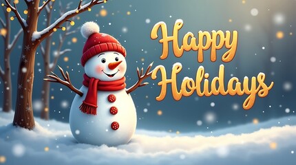A cheerful snowman wishes happy holidays amidst a magical snowy winter wonderland