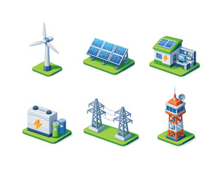 Fototapeta premium Wind-Solar Power Grid. Wind-Solar Hybrid. Isometric flat vector icons set of wind-solar hybrid plants: wind turbine, solar panel array, hybrid control station,