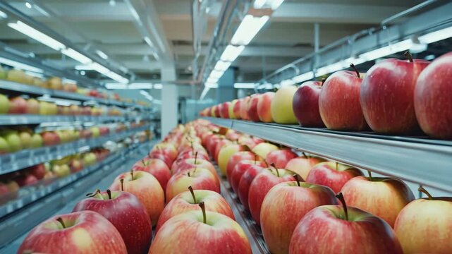 Glide shot along neat rows of shiny red apples under cool store lighting