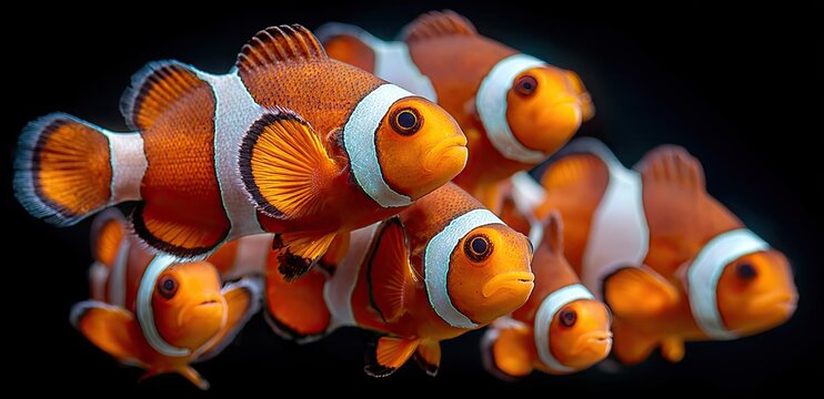Vibrant school of orange and white clownfish against a dark background
