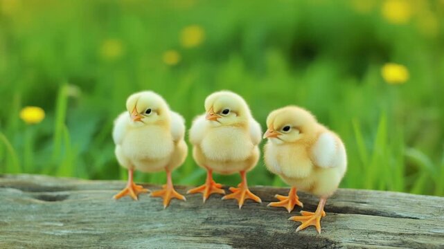Three fluffy yellow chicks stand on a wooden log chicken