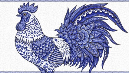 Ornate blue and white Gzhel style rooster illustration with intricate floral patterns