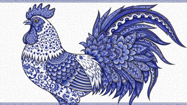 Ornate blue and white Gzhel style rooster illustration with intricate floral patterns