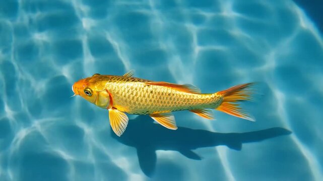 Golden koi fish swimming through dark ripples, cinematic soft reflections and underwater clarity