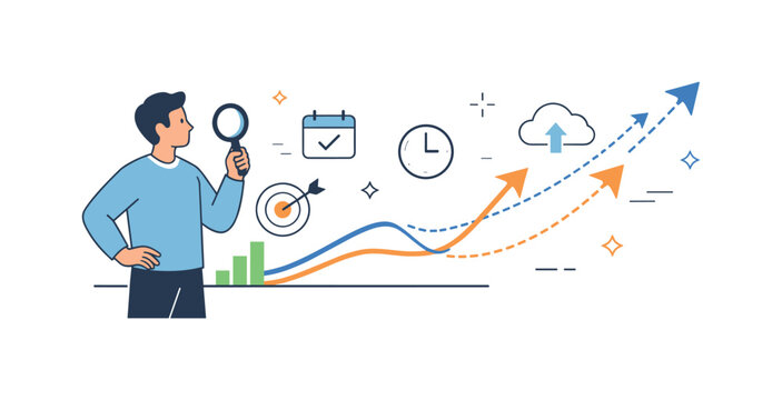 Forecasting Future Trends. Predictive analytics. A character examining trend lines and future projections extending forward. Optimistic and focused mood with