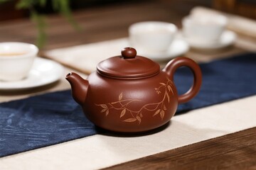 A traditional clay teapot with leaf patterns sits on a table setting with tea cups and a blue runner.