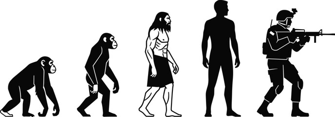 Evolution of man silhouette, primate to modern soldier with gun, human development stages, war concept, cad drawing flat vector illustration. © MDMOHOBBAT