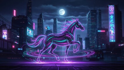 Neon glowing futuristic horse in a cyberpunk city setting under a full moon