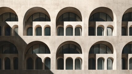 Obraz premium Repetitive arched windows on a minimalist building facade with shadows