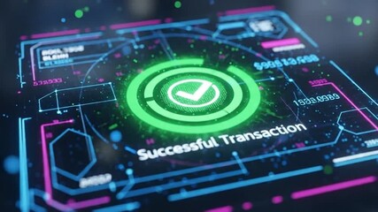 Digital successful transaction confirmed on futuristic screen with glowing checkmark - Powered by Adobe