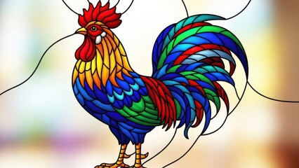 Vibrant stained glass style illustration of a colorful rooster with intricate patterns