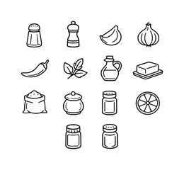Culinary Icon Set. Food ingredients. Line icon set of Food ingredients: salt shaker, pepper grinder, garlic clove, onion, chili pepper, herbs, oil bottle,