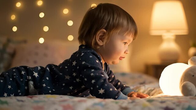 Baby crawling on bed toward lamp. Child explores nightlight and bedroom softness. Bedtime curiosity captured with gentle glow. Family warmth and sleep routine suggested. Ideal for family marketing.