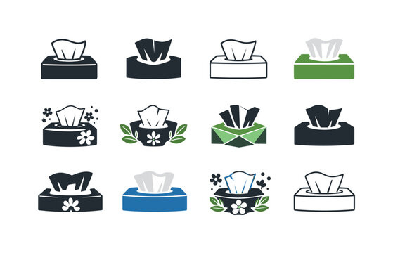 Spring Allergy Icons. Spring allergies. Icon set. Set Logo of spring allergies: tissue box. harmonious logo variations: Iconic shape, Negative space, Minimal