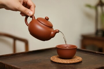 Hand pouring tea from a clay teapot into a cup on a wooden tray