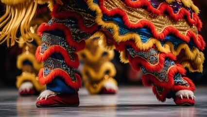 Close-up of the vibrant and ornate legs of a Chinese Lion Dance costume, showing intricate embroidery, fur, and traditional footwear in action.