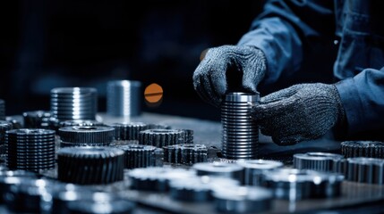 Medium shot focusing on a technician inspecting freshly cast ferrous components emphasizing texture density and metallic hardness differences.