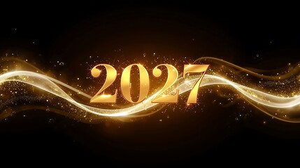 Golden 2027 year number with shimmering light trails and sparkling particles