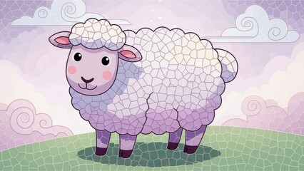 Adorable watercolor sheep illustration in a pastel landscape with fluffy clouds