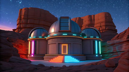 Futuristic observatory in sandstone cliffs at night