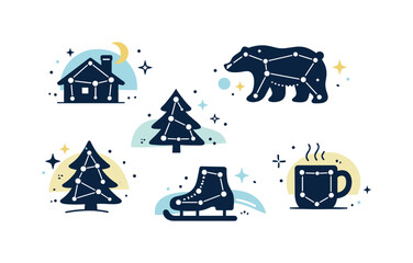 Winter Constellation Illustration. Winter constellation-themed editorial illustration with stylized stars forming simple shapes in a clear night sky,