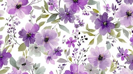 Elegant Watercolor Floral Pattern With Purple And White Blossoms, Green Leaves And Botanical Details On Light Background For Decorative Design