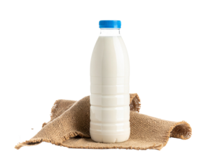 A clear plastic bottle filled with white milk stands on a burlap cloth.
