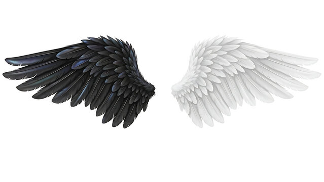 A realistic black wing and a white wing side-by-side on a white background, symbolizing duality.