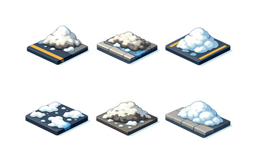 Urban Snow Melt Icons. Urban snow melt. Isometric flat vector icons set of Urban snow melt: roadside snow pile, curbside slush heap, parking lot snow mound,