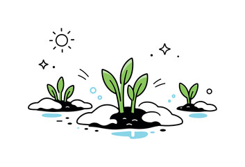 Spring Renewal Growth. New growth after winter. A calm editorial scene where small green shoots emerge from previously frozen ground. The illustration conveys