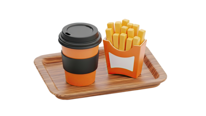 Coffee cup and french fries on a tray on transparent background
