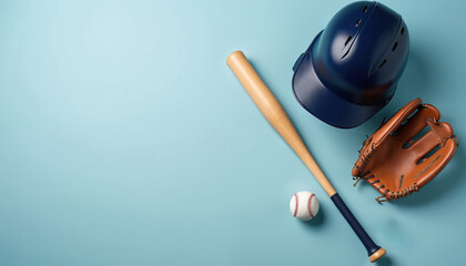 Baseball bat, ball, glove and helmet arranged neatly on pastel blue background. This sports gear is ready for game time. Perfect for articles or ads about baseball.