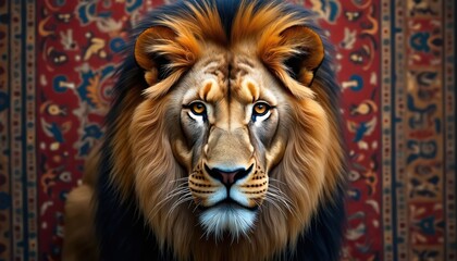 Majestic lion portrait on ornate rug. Regal animal with flowing mane gazes intently, embodying strength and wild beauty. Detailed patterns create a rich, luxurious backdrop for this powerful felino.