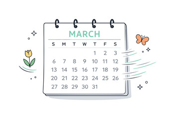 March Calendar Flow. March calendar illustration. A simple wall calendar with dates softly emphasized and light motion lines suggesting passing days. Sense of
