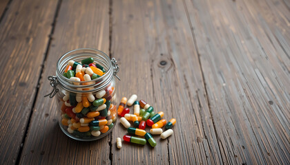 Colorful capsules and pills spilling from a glass jar onto a rustic wooden surface, showcasing various shapes and sizes, representing health and wellness concepts