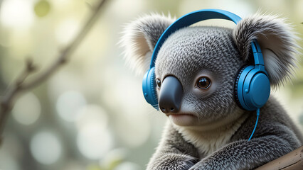 Adorable koala wearing blue headphones, relaxing on a branch in a natural setting, surrounded by blurred greenery, showcasing a playful and whimsical atmosphere
