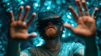 Man navigating immersive VR environment utilizing hand gestures to browse online content in a hightech innovative virtual interface.