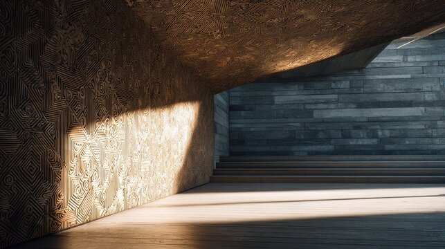Modern Architectural Interior with Geometric Wooden Wall and Natural Light