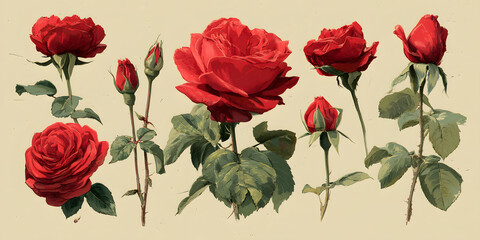 Red roses hand drawn illustration elements colored set
