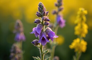 Obraz premium Macro shot of purple comfrey flowers with fuzzy stems against a vibrant yellow rapeseed field backdrop. Soft sunlight illuminates delicate petals and buds in nature.