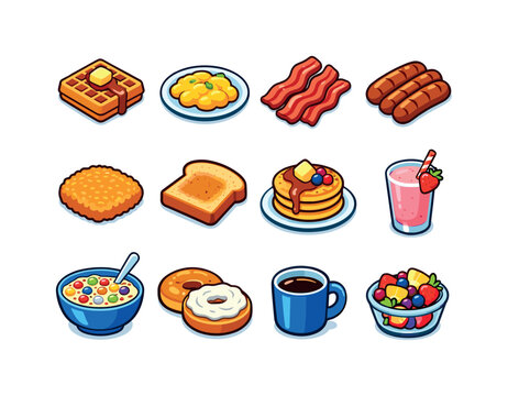American Breakfast Icons. american breakfast. Colorful isometric vector icons set of american breakfast: waffles, scrambled eggs, bacon strips, sausage links,