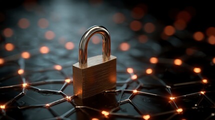 Close-up of a metallic padlock positioned centrally on a glowing digital network, symbolizing security and data protection