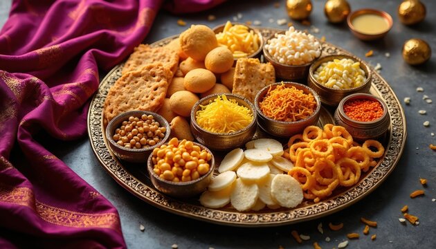 Assorted Indian snacks served on festive platter. Crispy sev, chakli, murukku are arranged with other savory delights. Rich colors, textures invite sharing, celebration, ideal for festive occasions.