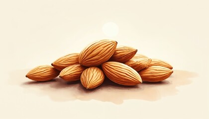 Pile of whole almond nuts illustrated with simple lines. Beige background highlights kernels. Ideal for healthy food recipes and nutrition content creation. Good for snacks