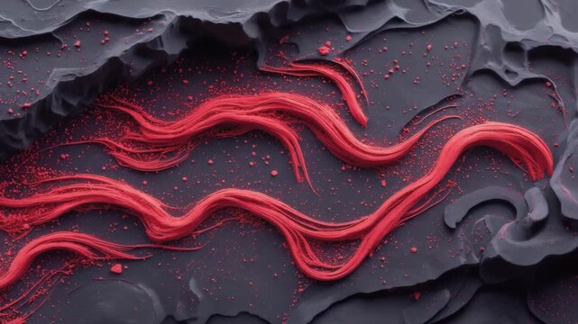 Red pigment torn into particle threads trapped in black resin 