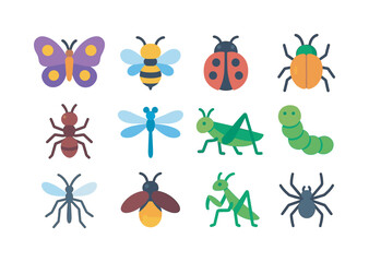 Obraz premium Colorful Insect Icons. Insects. Colorful flat vector icons set of insects: butterfly, bee, ladybug, beetle, ant, dragonfly, grasshopper, caterpillar, mosquito,
