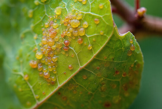 Macro shot of green grape leaf underside covered in yellow orange round galls caused by phylloxera aphid pest. Detailed plant pathology close up.