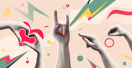 Hand gestures vector illustration set. Diverse hands making gestures heart, rock sign, pointing, ring in dynamic memphis pop art style. Concepts love, music, proposal, communication, party and emotion