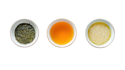 Three Japanese Traditional Winter Beverages with Amazake and Sencha on transparent background
