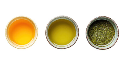 Three Japanese Traditional Winter Beverages with Amazake and Sencha on transparent background